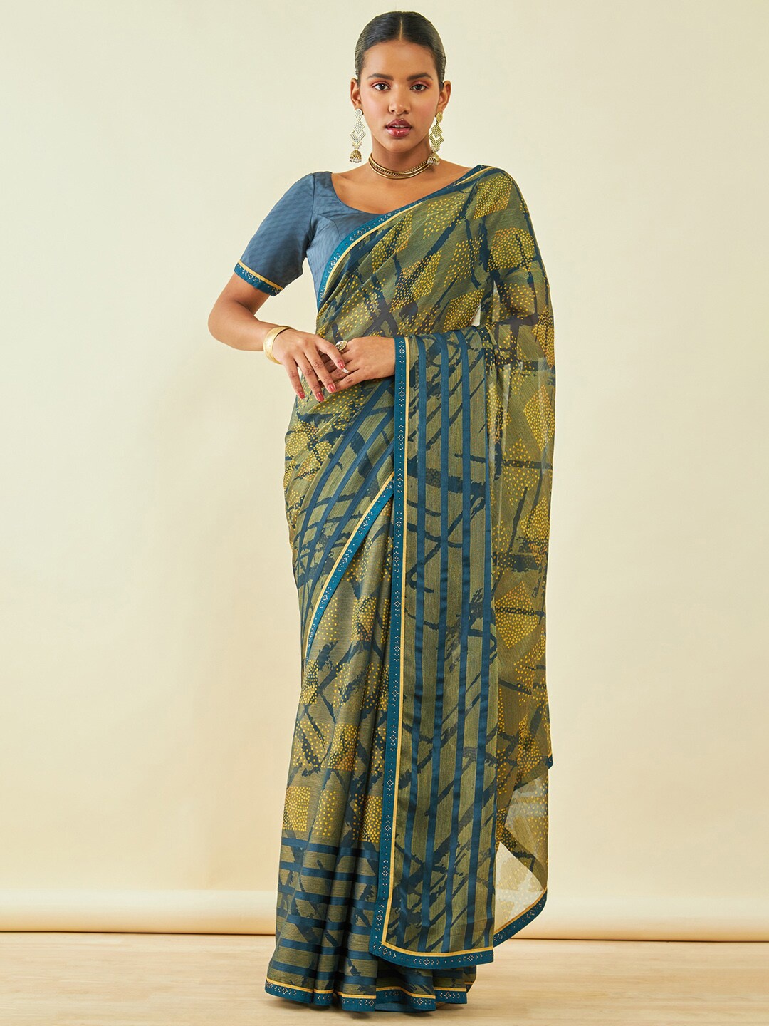 

Soch Geometric Printed Beads & Stones Saree, Olive