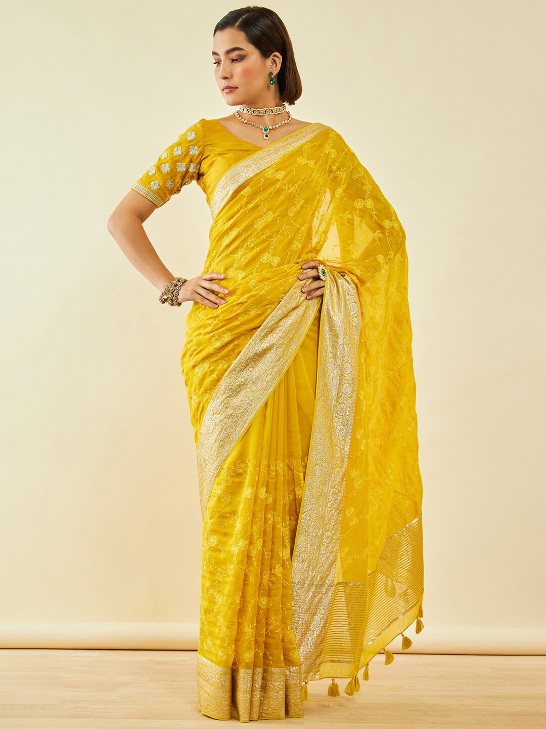 

Soch Yellow & Gold-Toned Floral Embroidered Zari Organza Saree