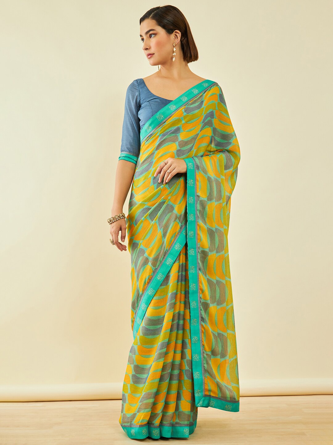 

Soch Yellow & Green Geometric Printed Beads and Stones Saree