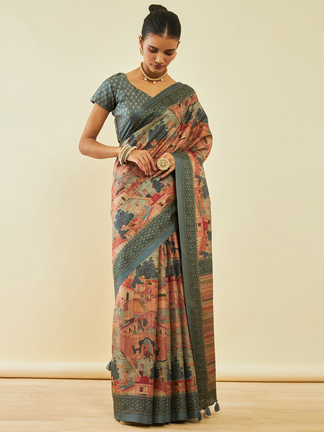 

Soch Beige & Green Ethnic Motifs Printed Saree