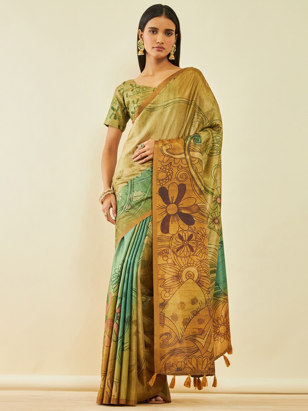 

Soch Green & Brown Floral Printed Saree