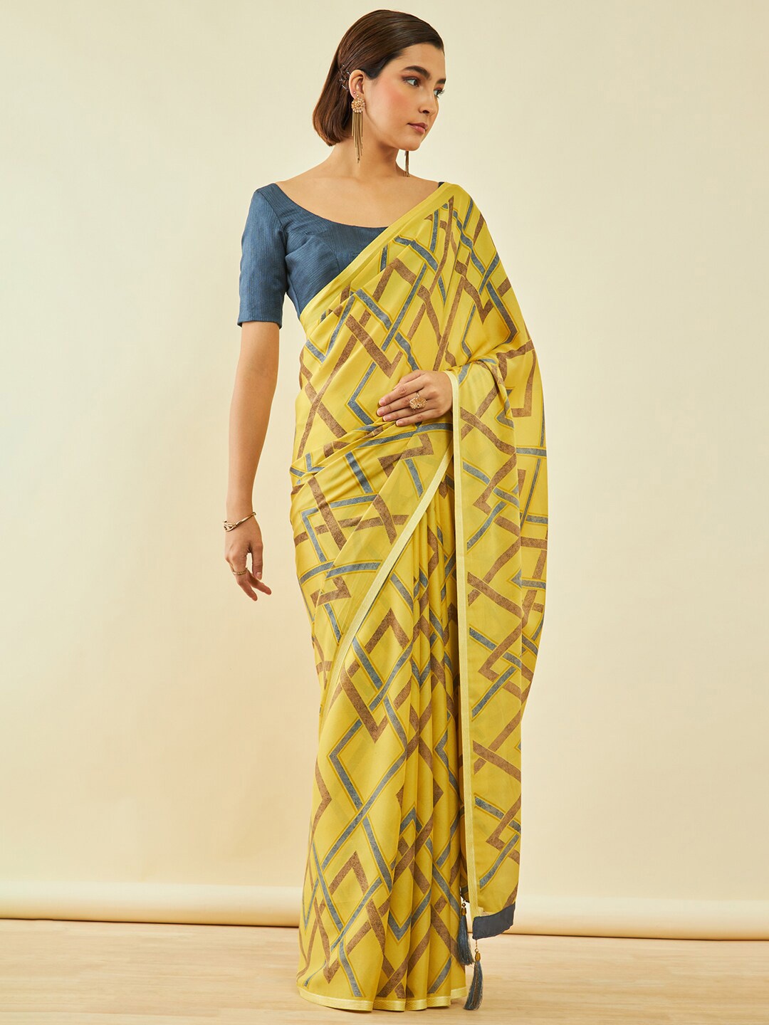 

Soch Yellow & Green Geometric Printed Zari Saree