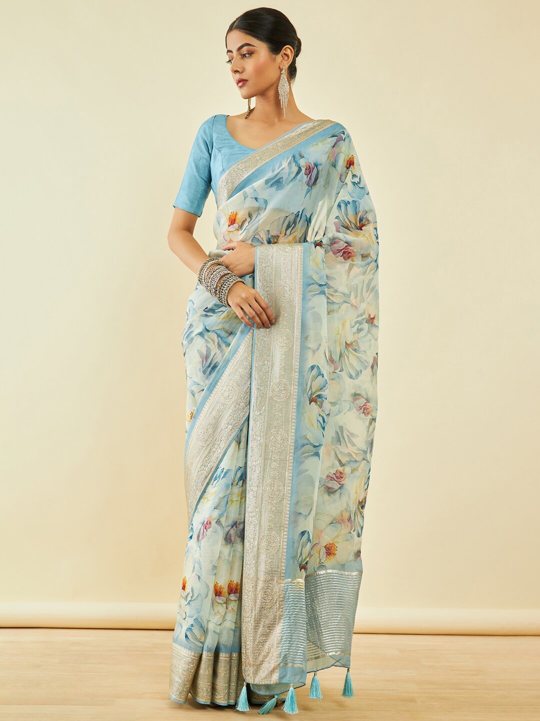 

Soch Turquoise Blue & Red Floral Printed Zari Organza Saree