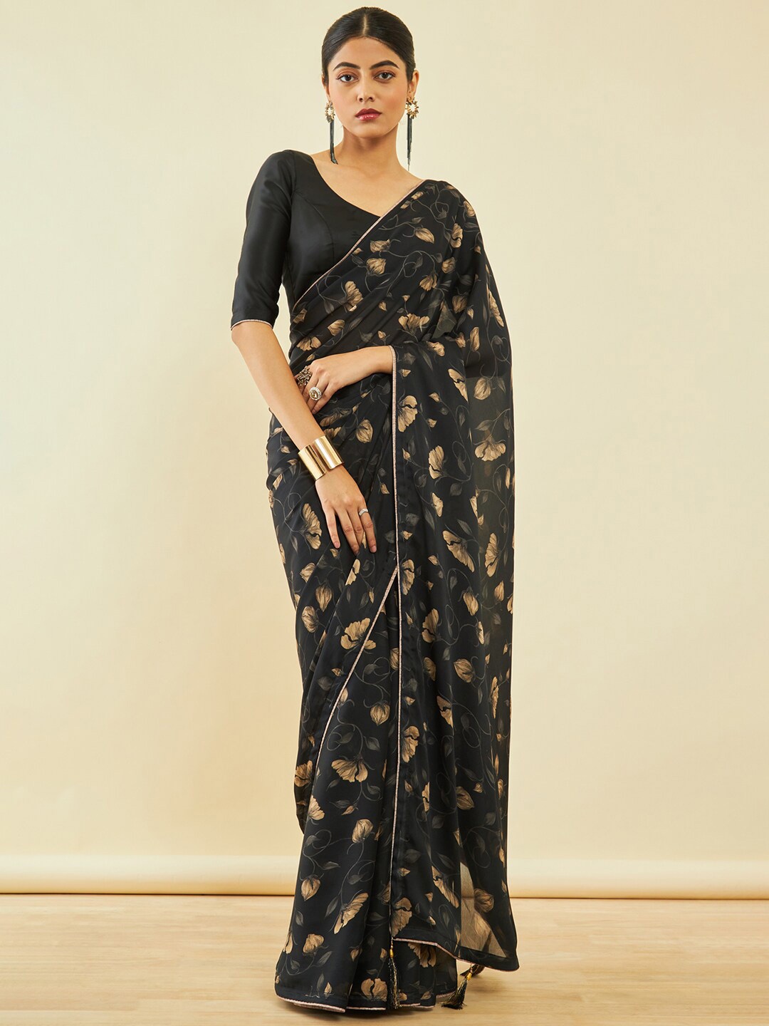 

Soch Black & Beige Floral Printed Saree