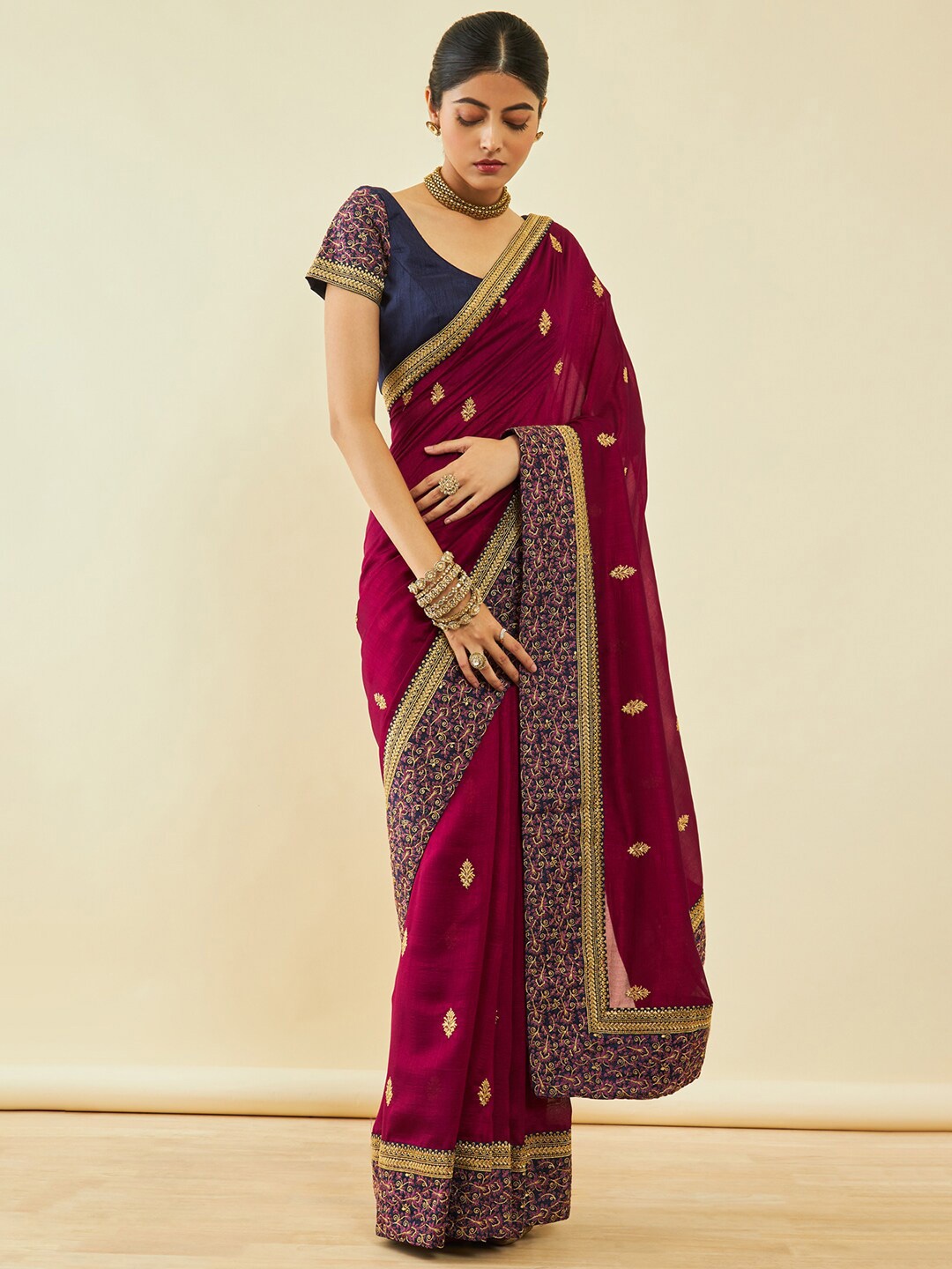 Soch Magenta & Gold-Toned Floral Embroidered Zari Tussar Saree