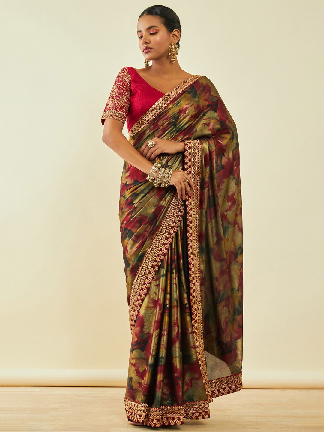 

Soch Maroon & Green Floral Printed Zari Saree