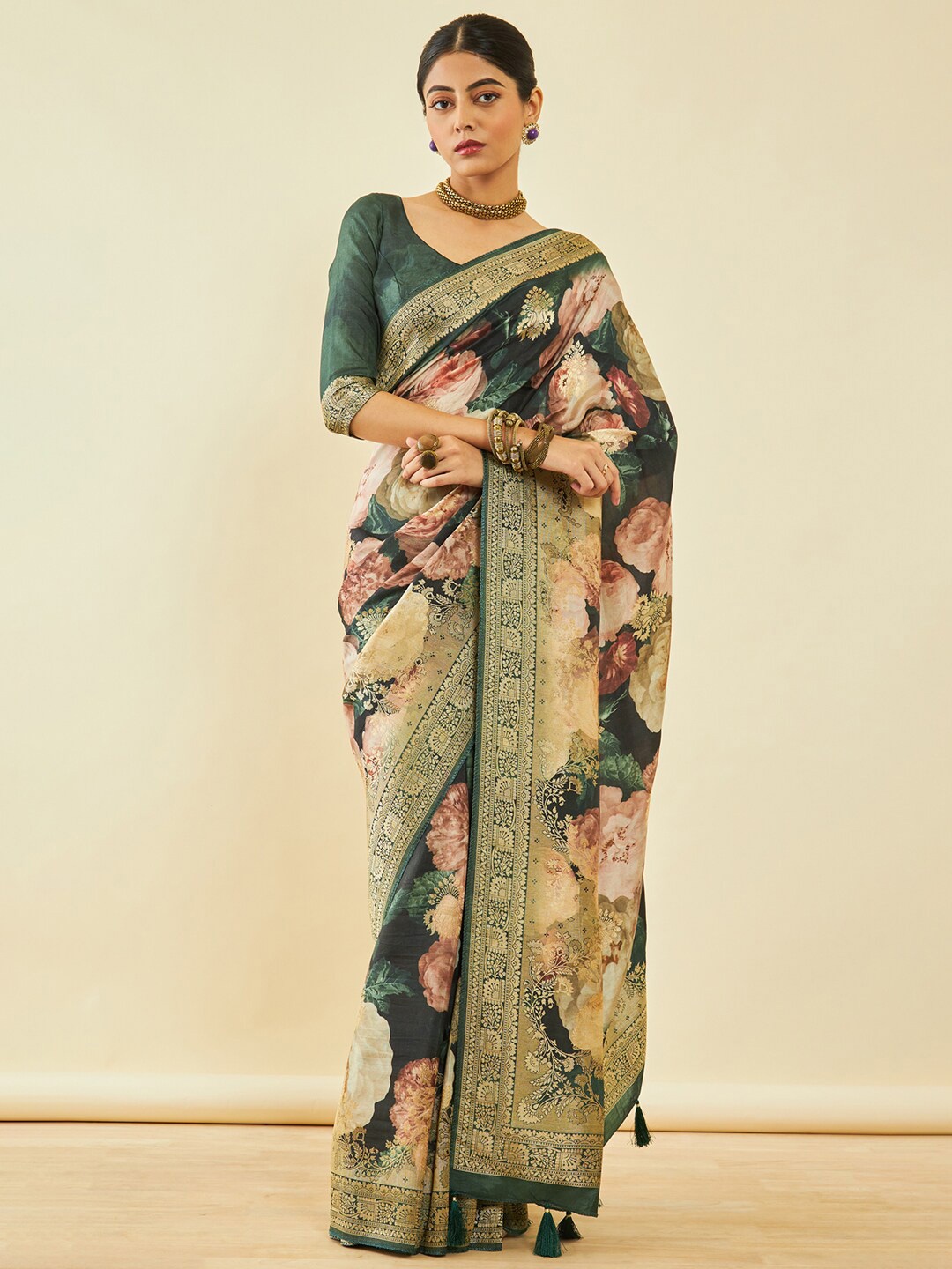 

Soch Green & Pink Floral Printed Zari Tussar Saree