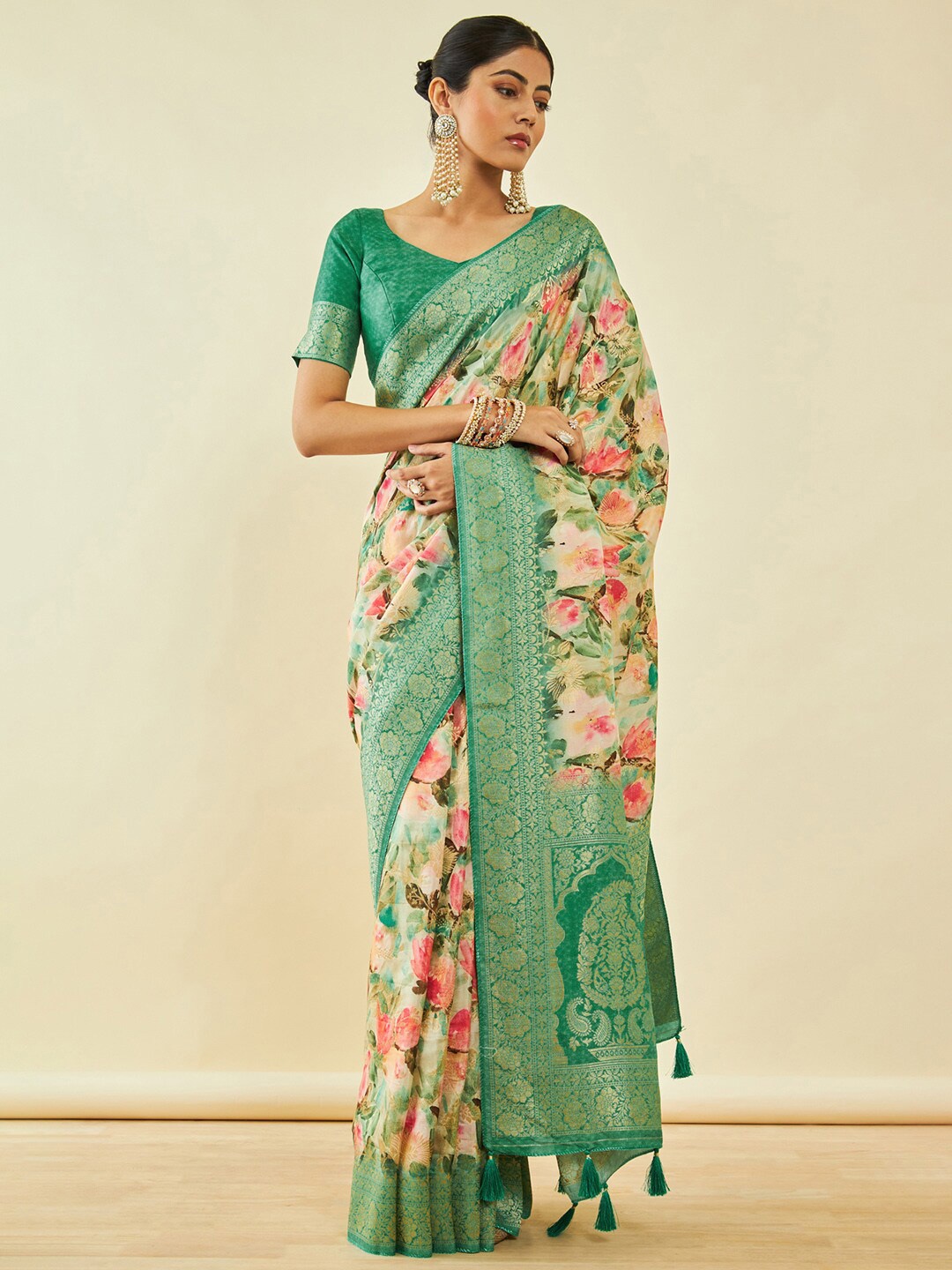 

Soch Floral Printed Zari Tussar Saree, Green