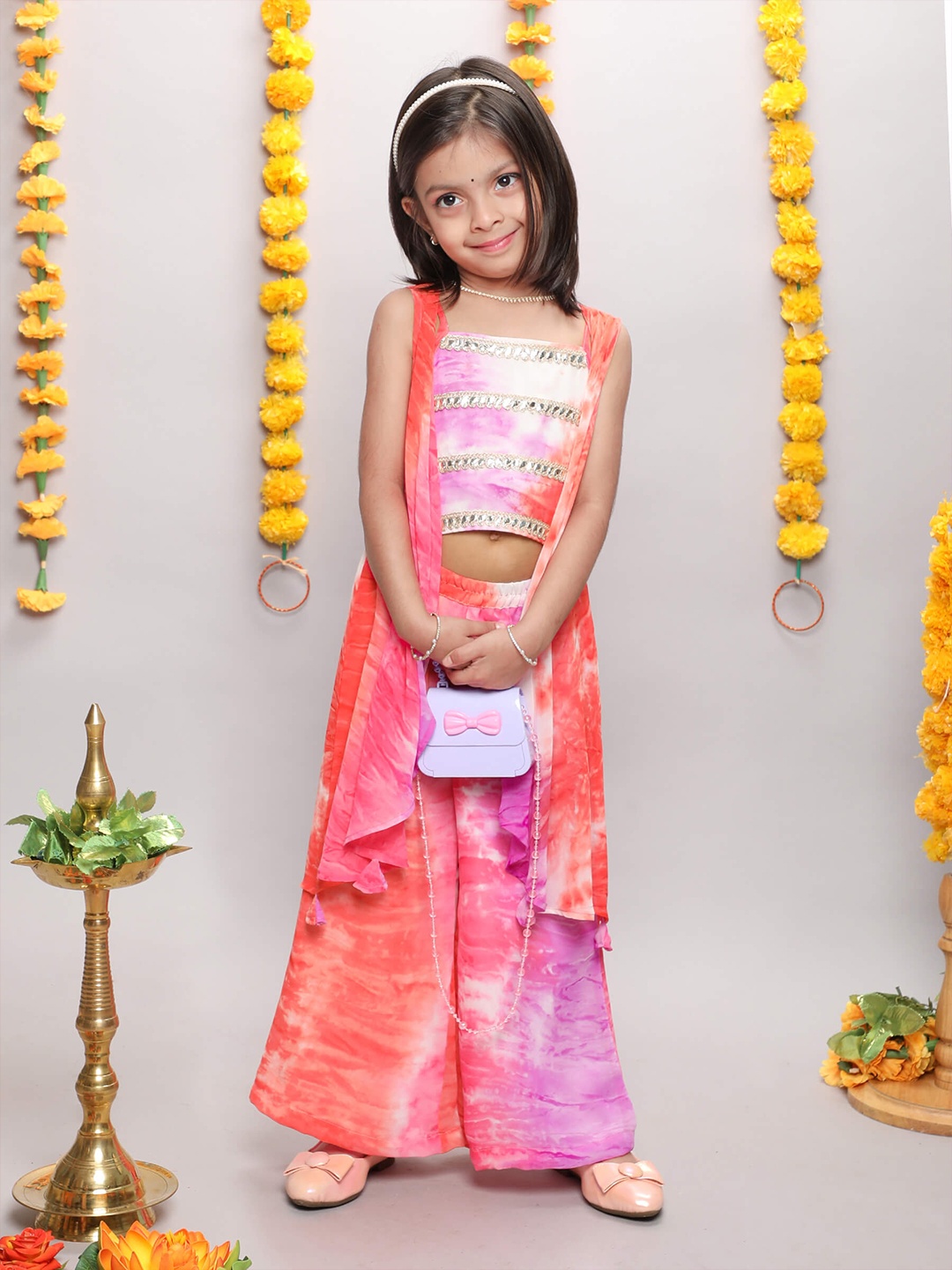 

taffykids Girls Tie and Dyed Square Neck Top & Palazzos With Jacket, Pink