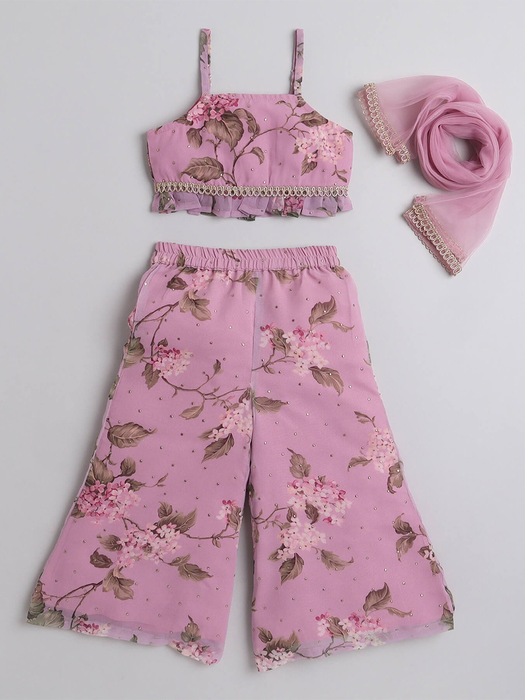 

taffykids Girls Floral Printed Top With Palazzos & Dupatta, Mauve