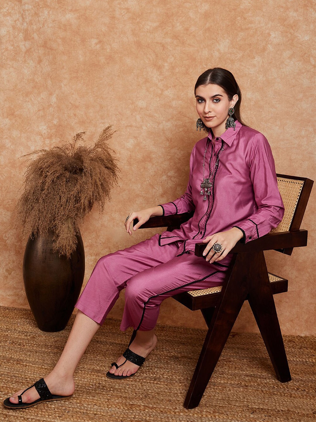 

Sangria Shirt Collar Long Sleeve Pure Cotton Shirt With Trousers, Mauve