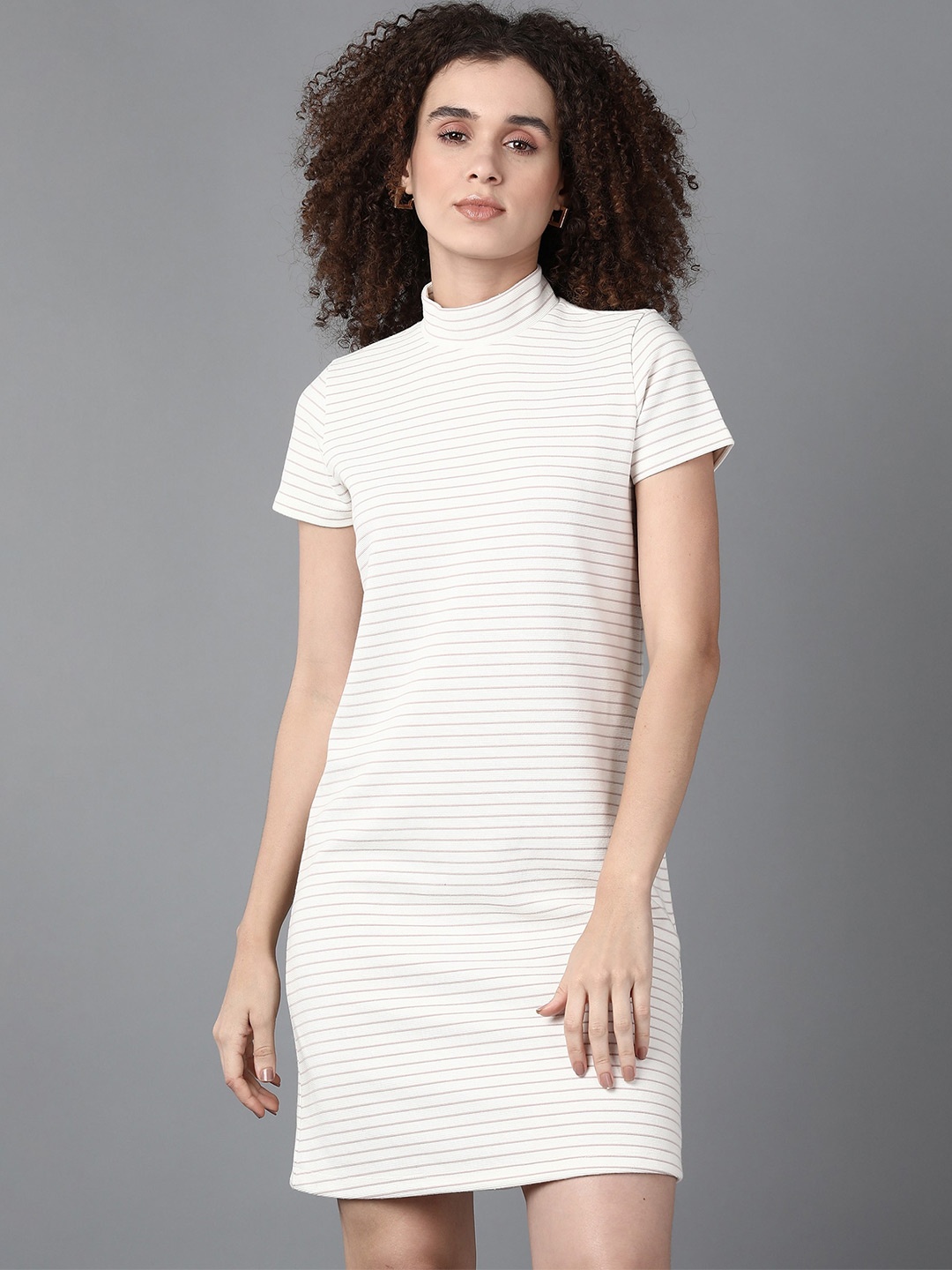 

The Roadster Lifestyle Co. Beige Striped High Neck T-shirt Dress, White