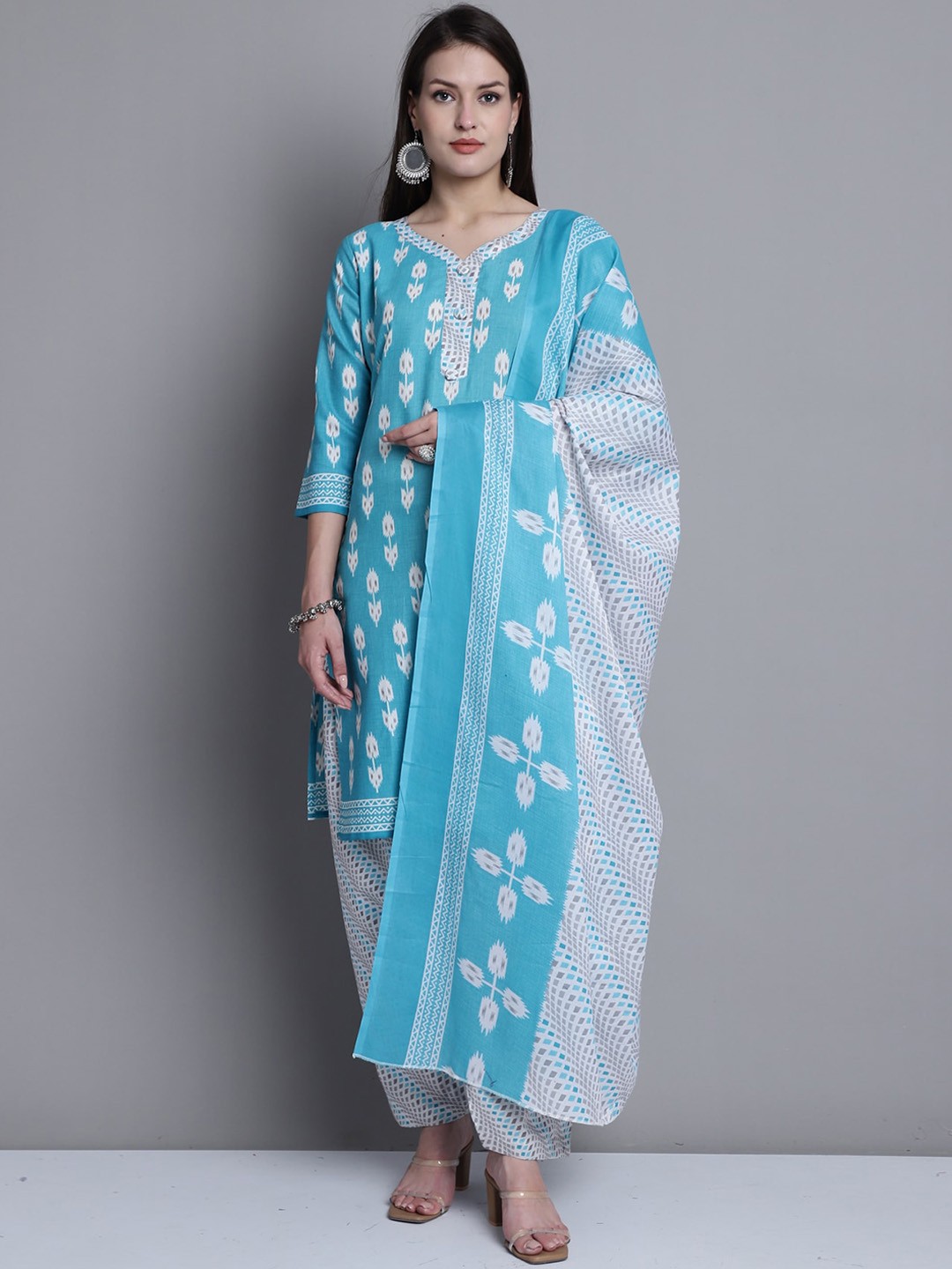

Roly Poly Ethnic Motifs Printed Straight Kurta with Salwar & Dupatta, Turquoise blue