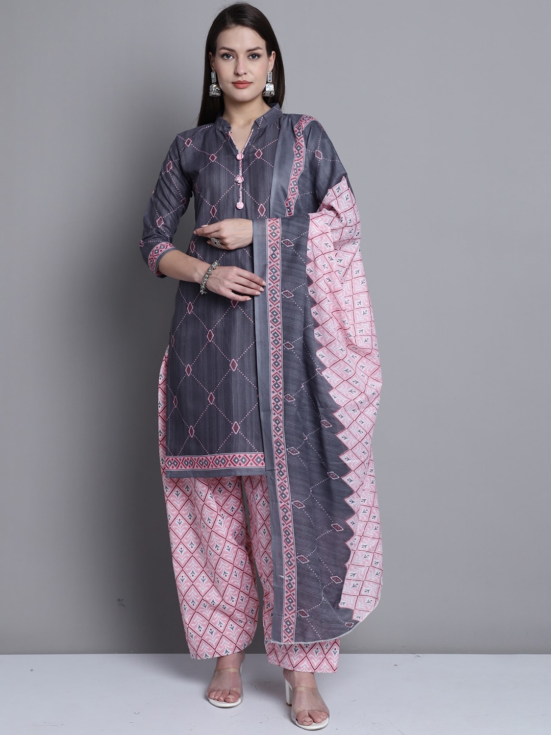 

Roly Poly Geometric Printed Mandarin Collar Kurta With Salwar & Dupatta, Grey