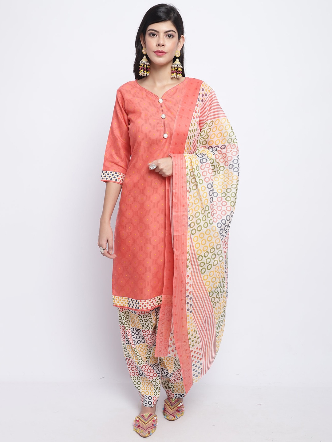 

Roly Poly Geometric Printed V-Neck Kurta With Salwar & Dupatta, Peach