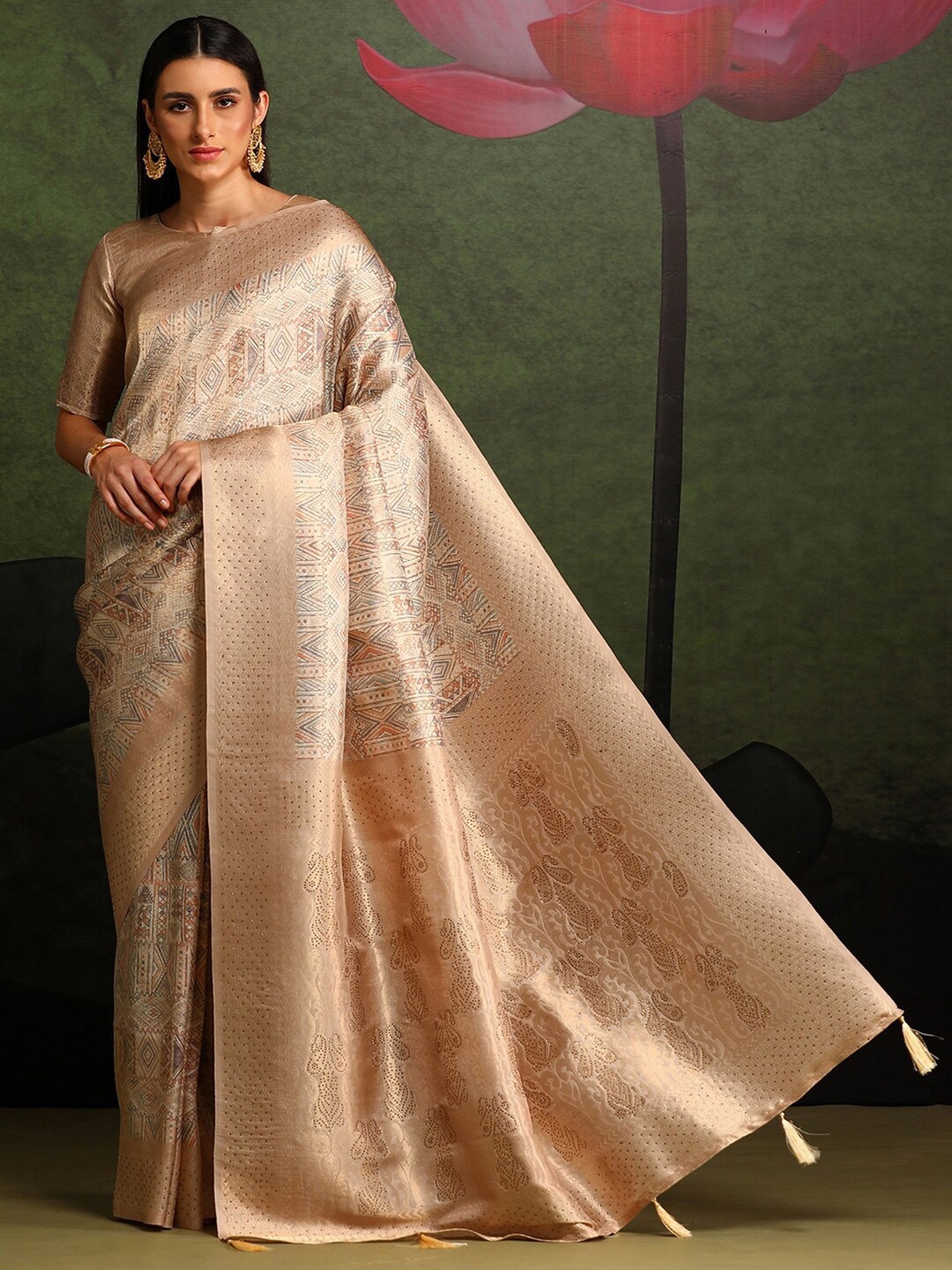 

Saree mall Beige & Gold-Toned Ethnic Motifs Woven Design Beads and Stones Pure Silk Sarees