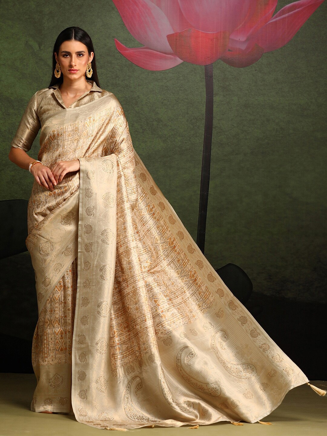 

Saree mall Beige & Gold-Toned Ethnic Motifs Woven Design Beads and Stones Pure Silk Sarees