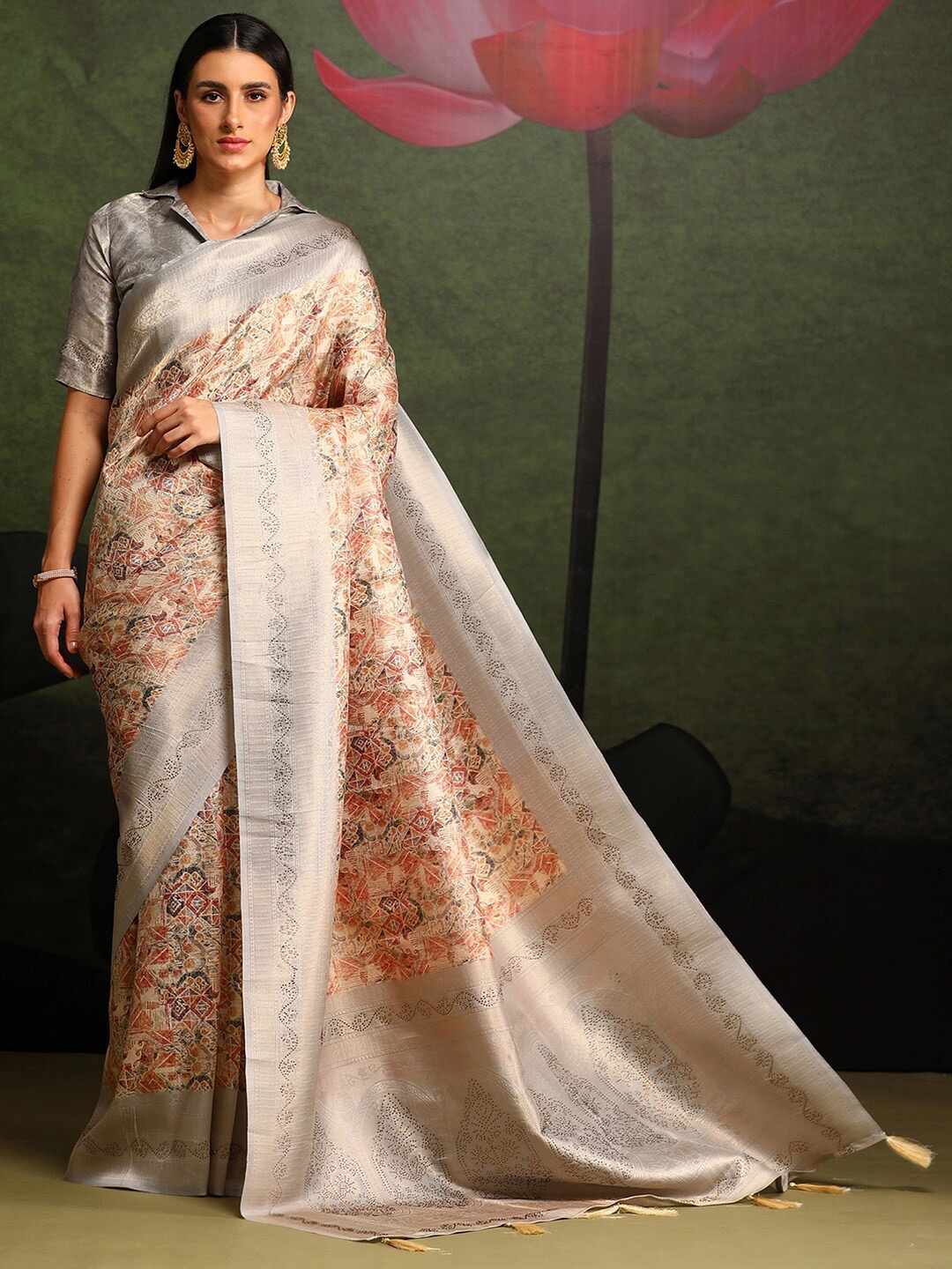 

Saree mall Beige Woven Design Beads and Stones Pure Silk Sarees