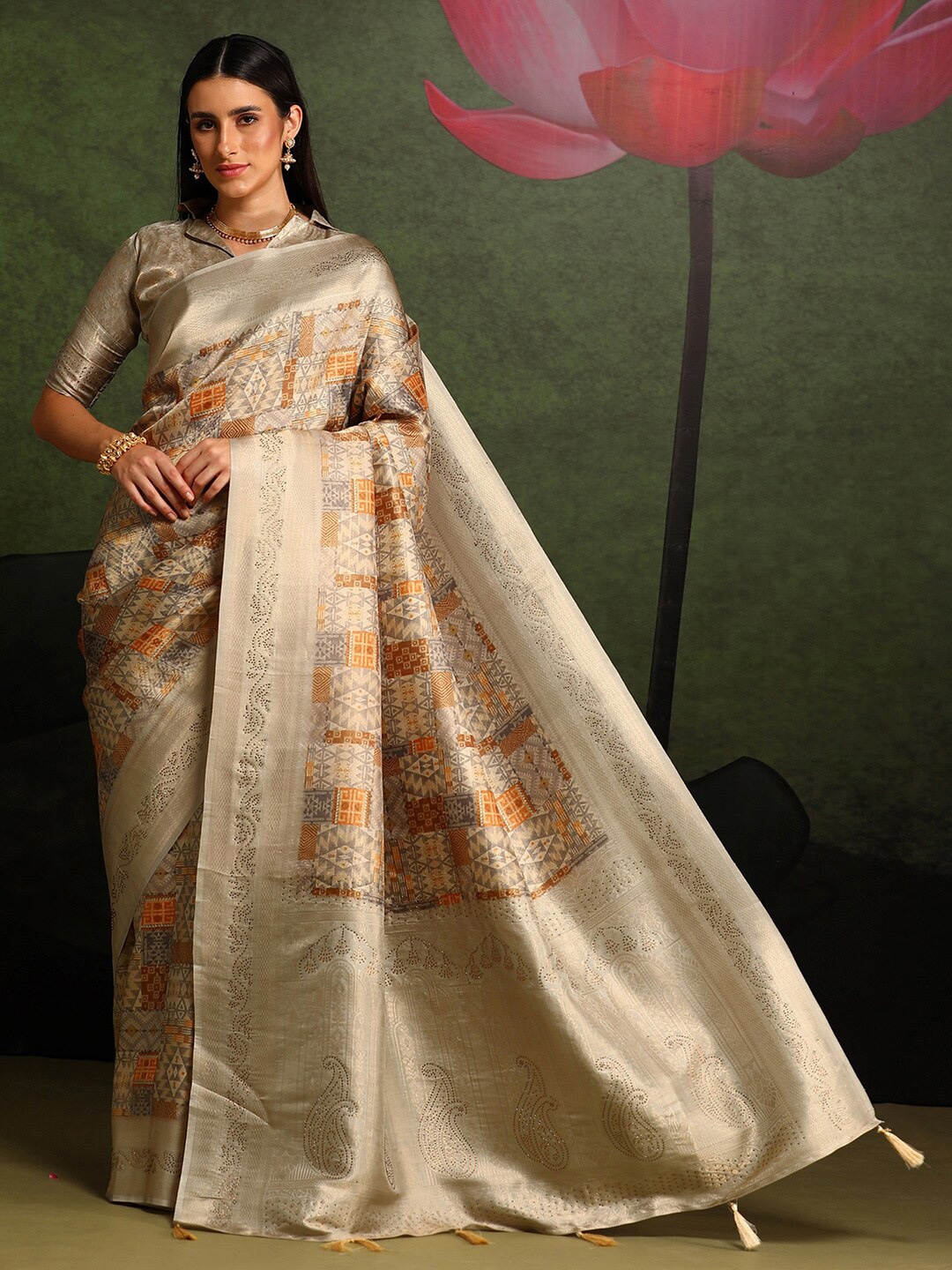 

Saree mall Beige & Peach Ethnic Motifs Woven Design Beads and Stones Pure Silk Sarees