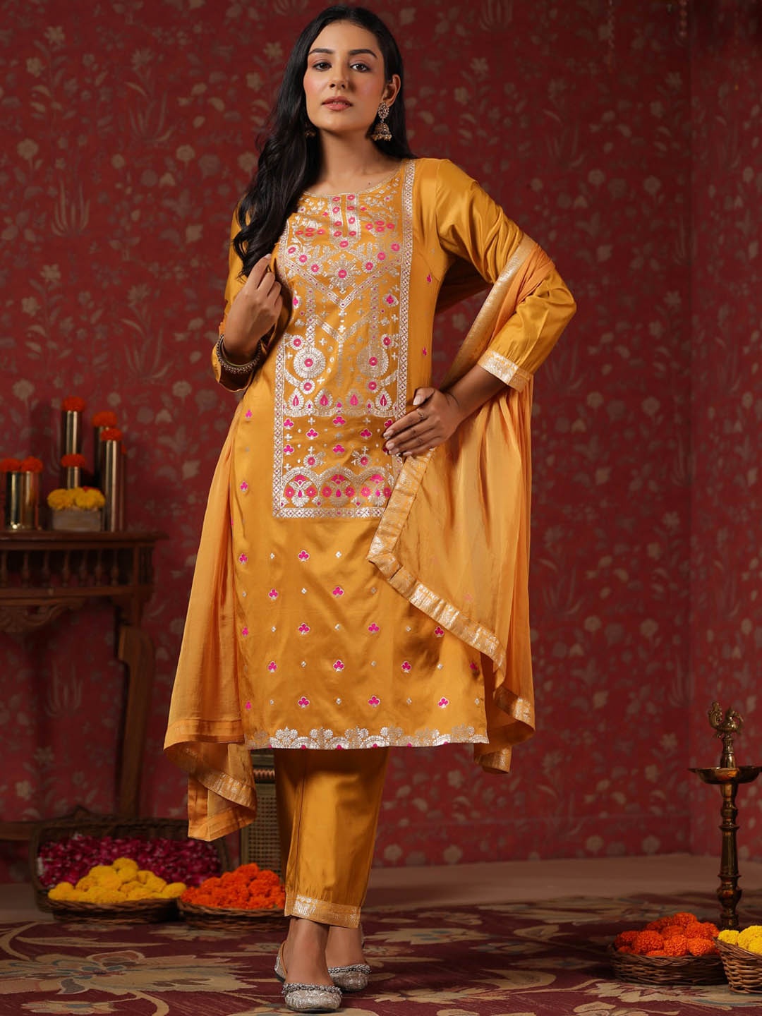 

Ishin Ethnic Motifs Printed Kurta With Trousers & Dupatta, Mustard