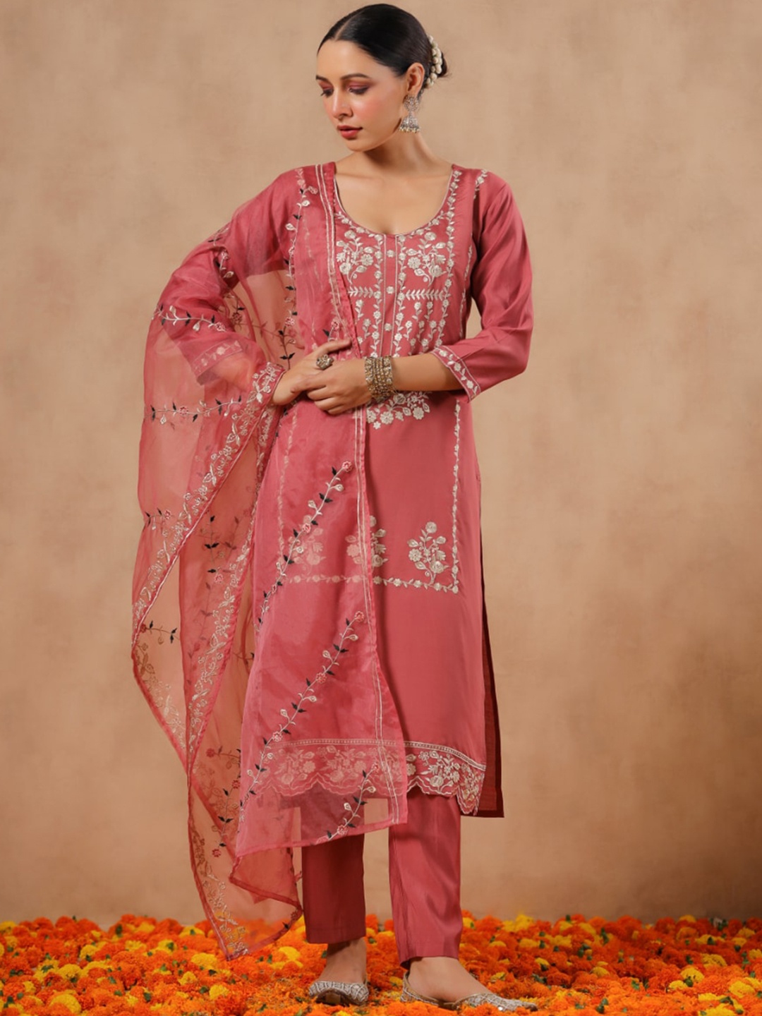 

Ishin Ethnic Motifs Yoke Design Thread Work Kurta With Trousers & Dupatta, Peach