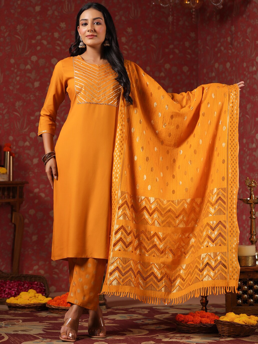 

Ishin Mustard Yellow Ethnic Motifs Yoke Design Gotta Patti Kurta With Trousers & Dupatta