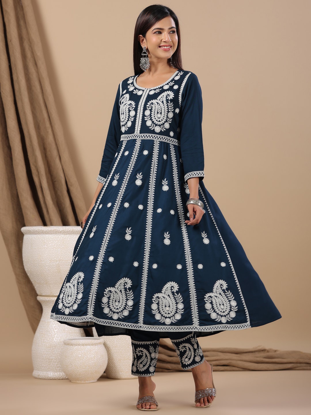 

Ishin Ethnic Motifs Embroidered Thread Work Anarkali Kurta With Trousers, Blue