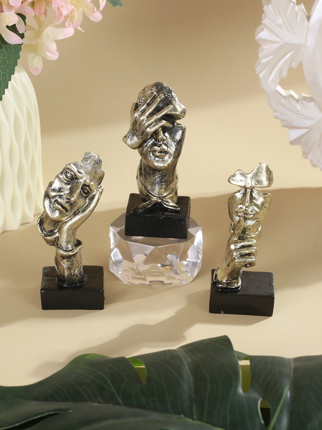 

TIED RIBBONS Silver-Toned & Brown 3 Pieces Human Face Figurine Showpieces