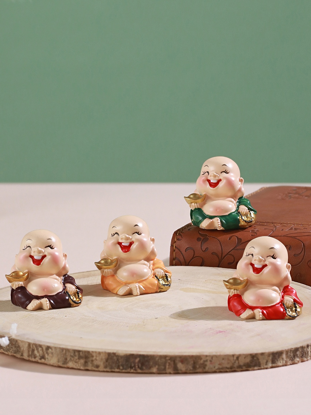 

TIED RIBBONS 4 Pieces Miniature Laughing Buddha Monk Showpieces, Beige