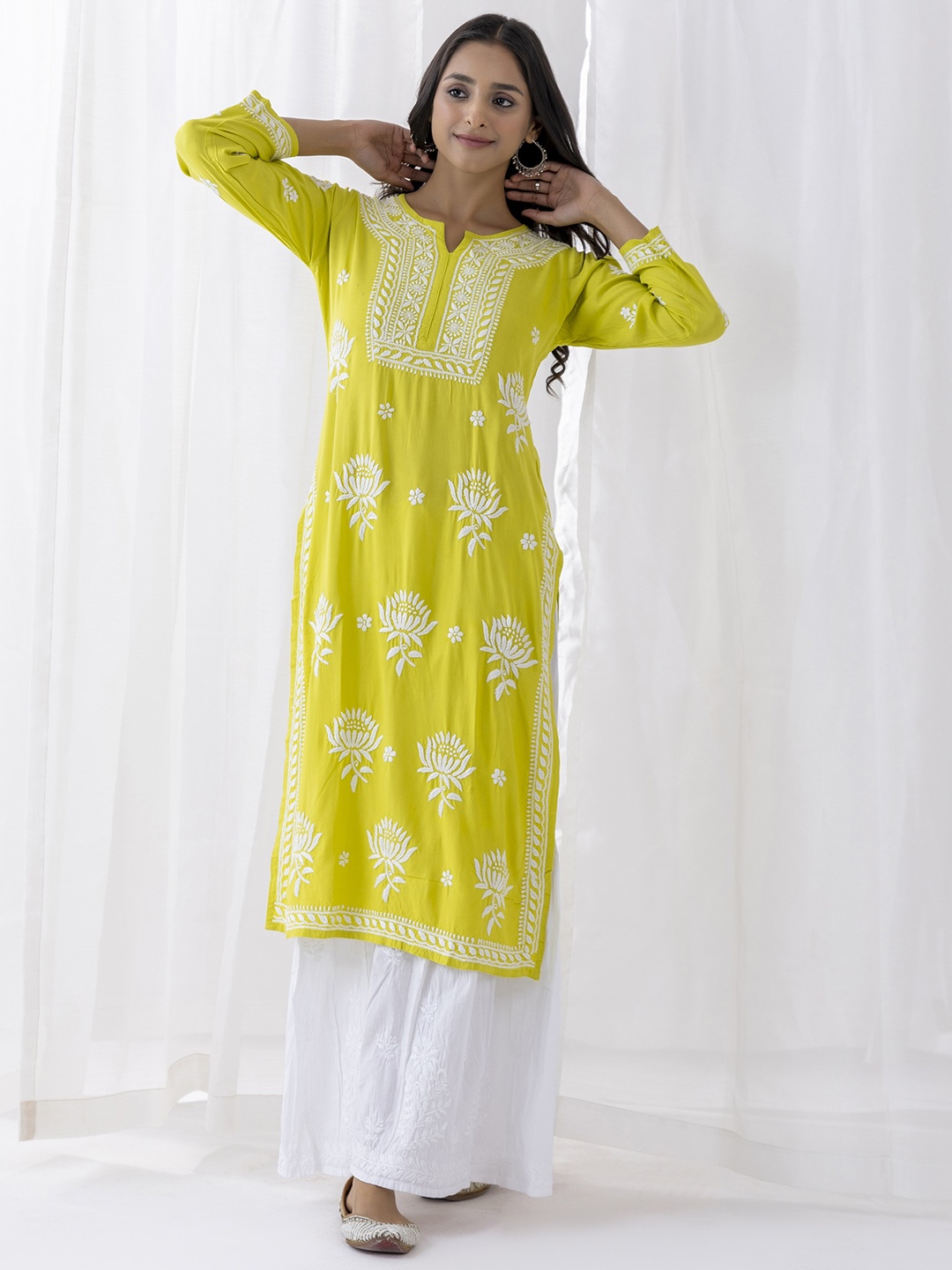

HOUSE OF KARI Floral Chikankari Embroidered Cotton Straight Kurta, Yellow