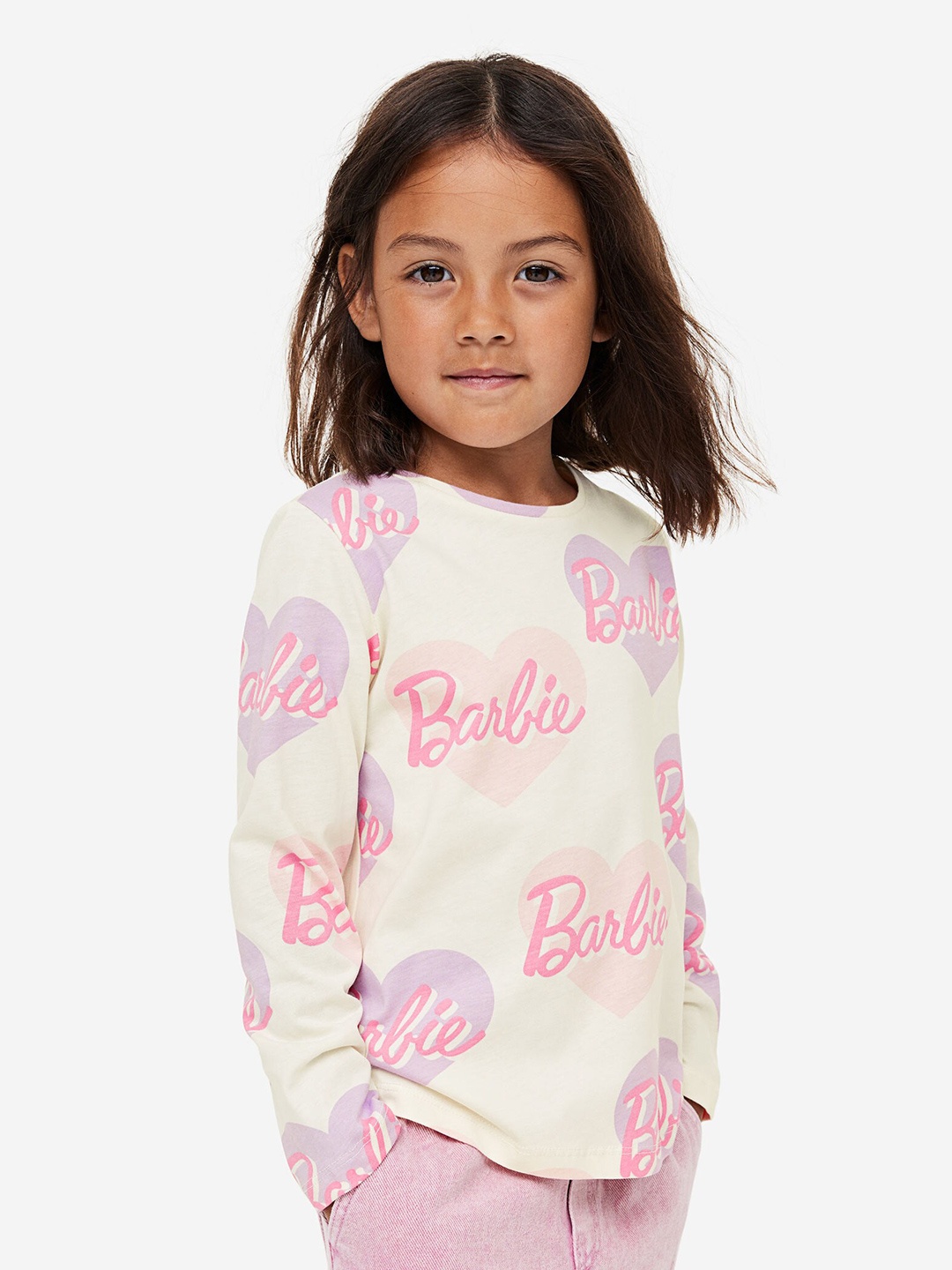 

H&M Girls 2-Pack Barbie Long-Sleeved Pure Cotton Jersey Tops, Pink