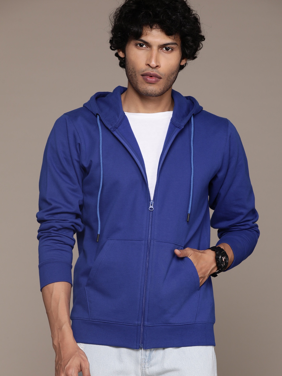 

Roadster Men Hooded Open Front Sweatshirt, Blue