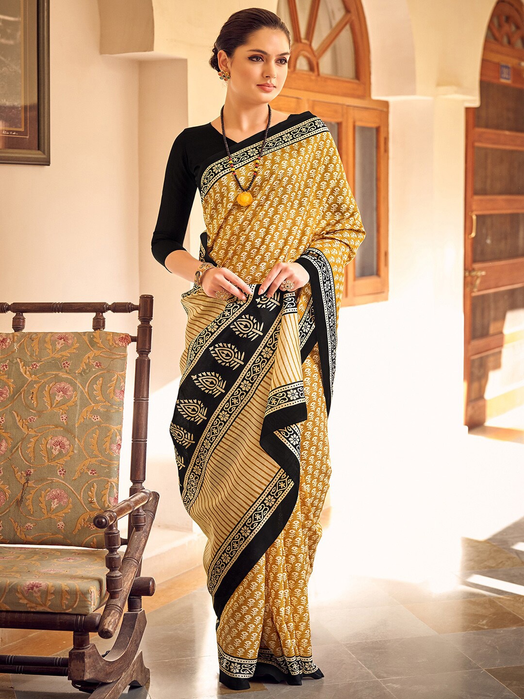 

KALINI Ethnic Motifs Printed Bagru Saree, Mustard