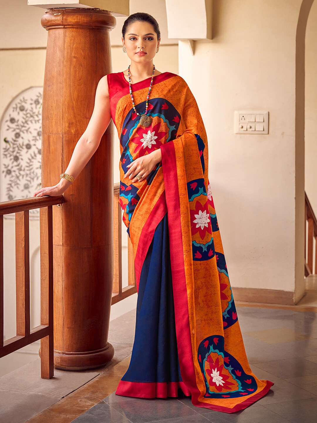 

KALINI Ethnic Motifs Block Printed Saree, Orange