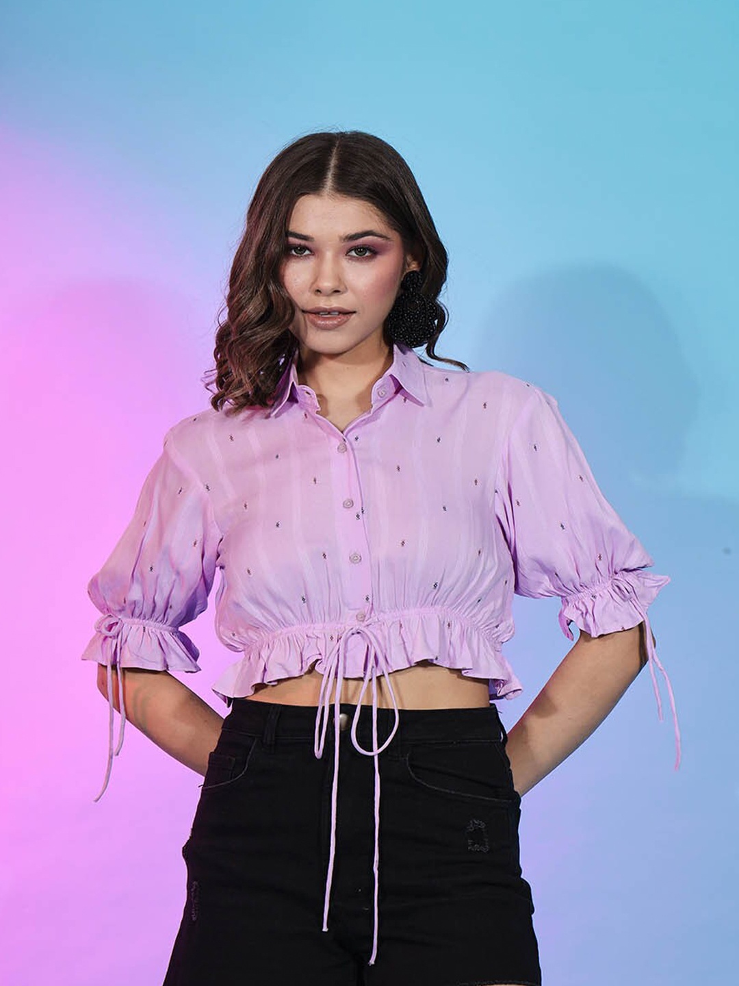 

Mitera Geometric Printed Shirt Collar Puff Sleeve Tie Up Crop Cinched Waist Top, Lavender