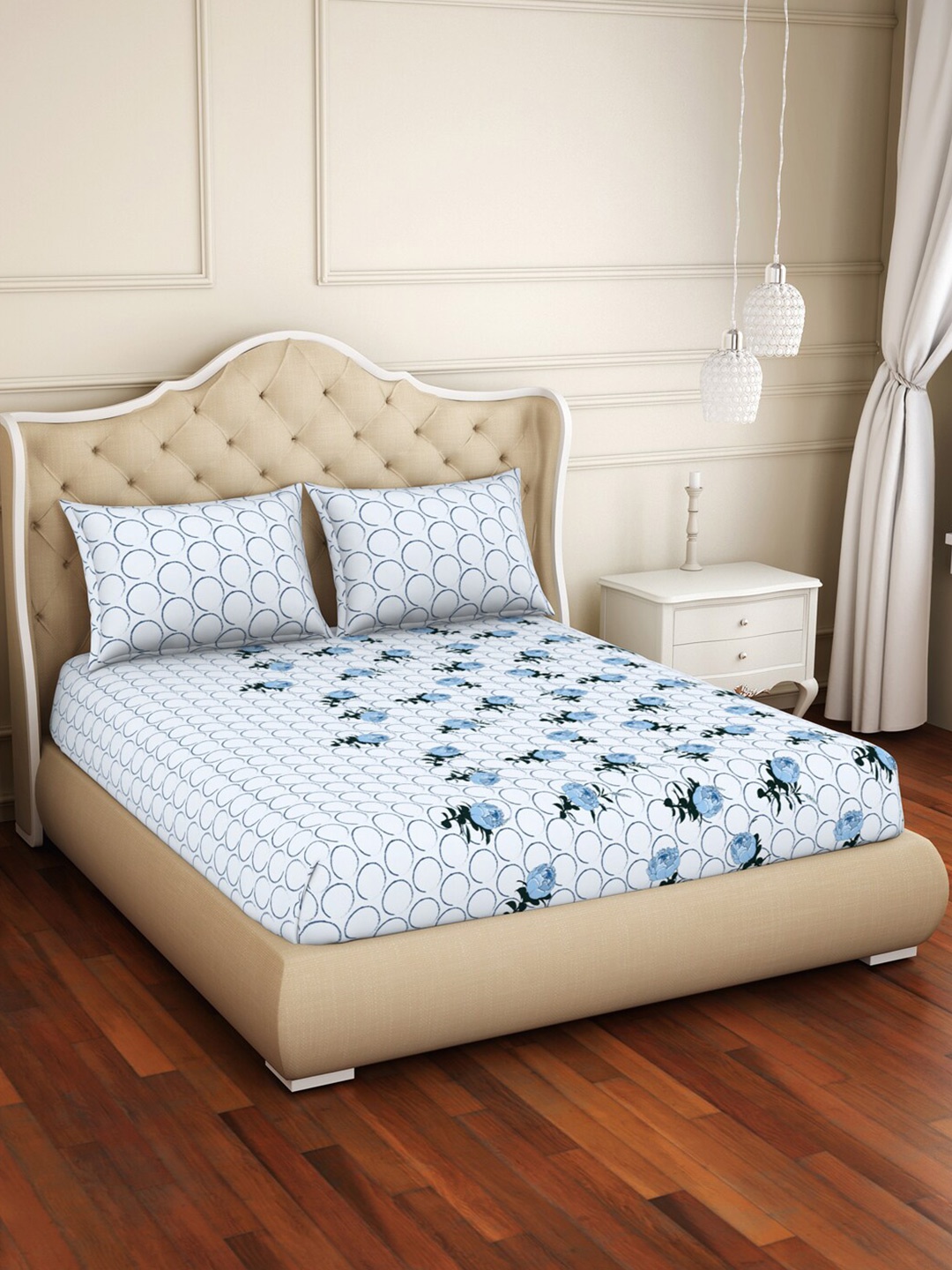 

SPACES White & Blue Anti Bacterial Pure Cotton 144 TC Queen Bedsheet with 2 Pillow Covers