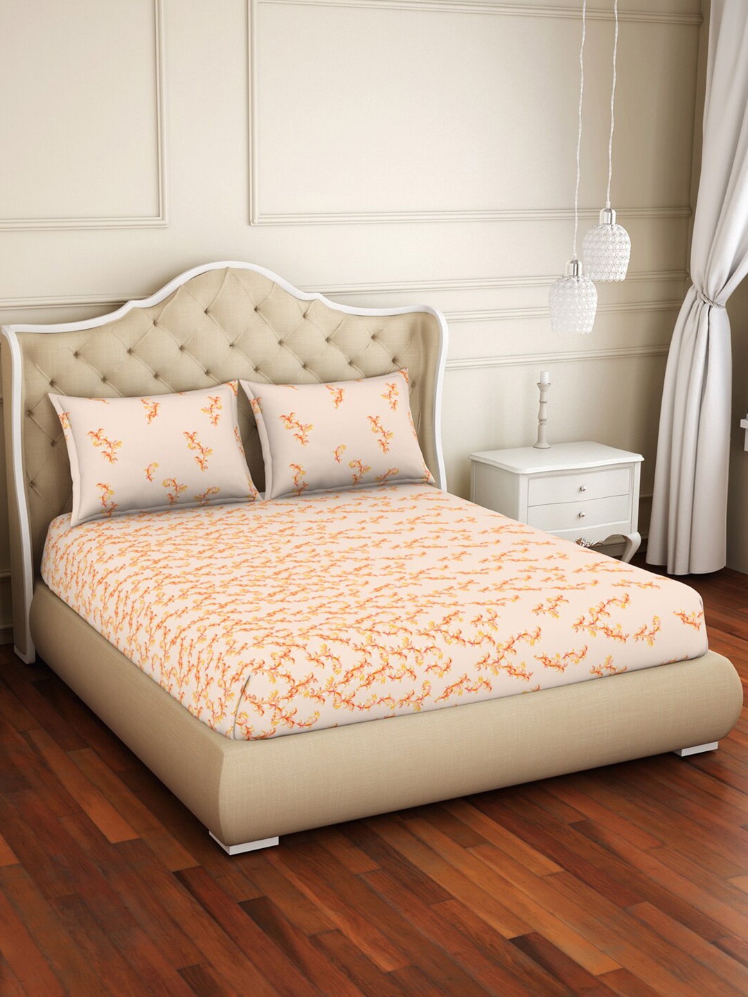 

SPACES Adonia Orange & Yellow Floral Cotton 144 TC Queen Bedsheet With 2 Pillow Covers
