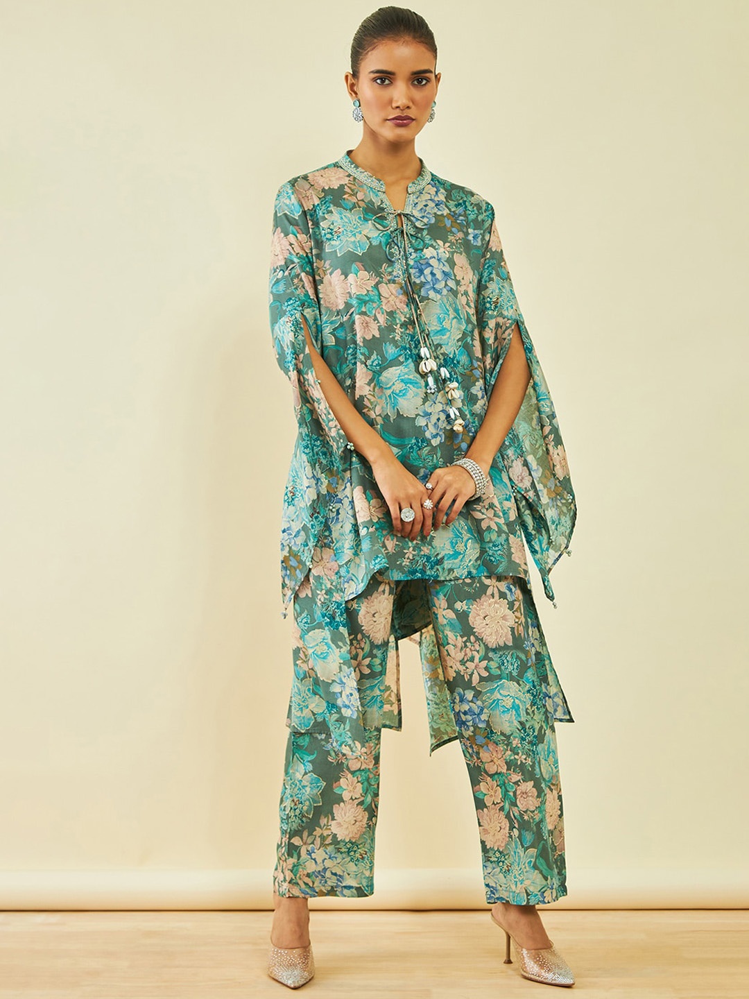 

Soch Teal Floral Printed Regular Thread Work Kurta with Trousers
