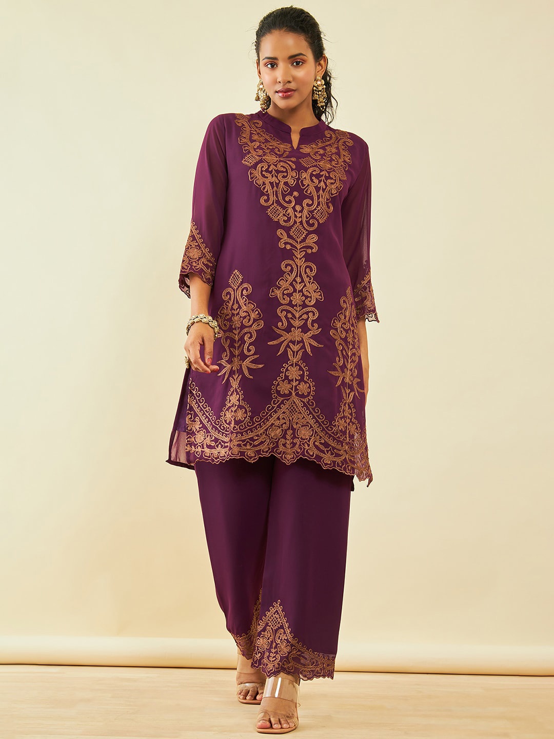 

Soch Maroon Ethnic Motifs Embroidered Regular Thread Work Kurta with Palazzos