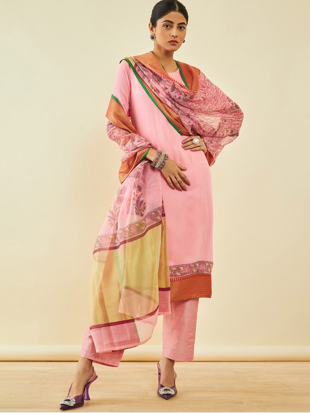 

Soch Pink Ethnic Motifs Woven Design Regular Kurta with Trousers & With Dupatta