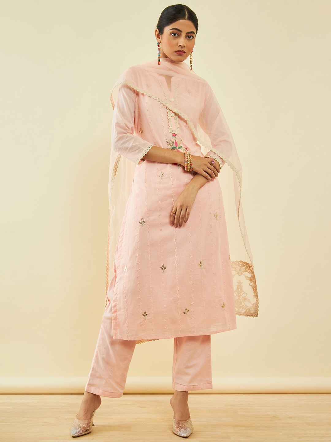 

Soch Ethnic Motifs Embroidered Thread Work Pure Cotton Kurta with Trousers & Dupatta, Peach