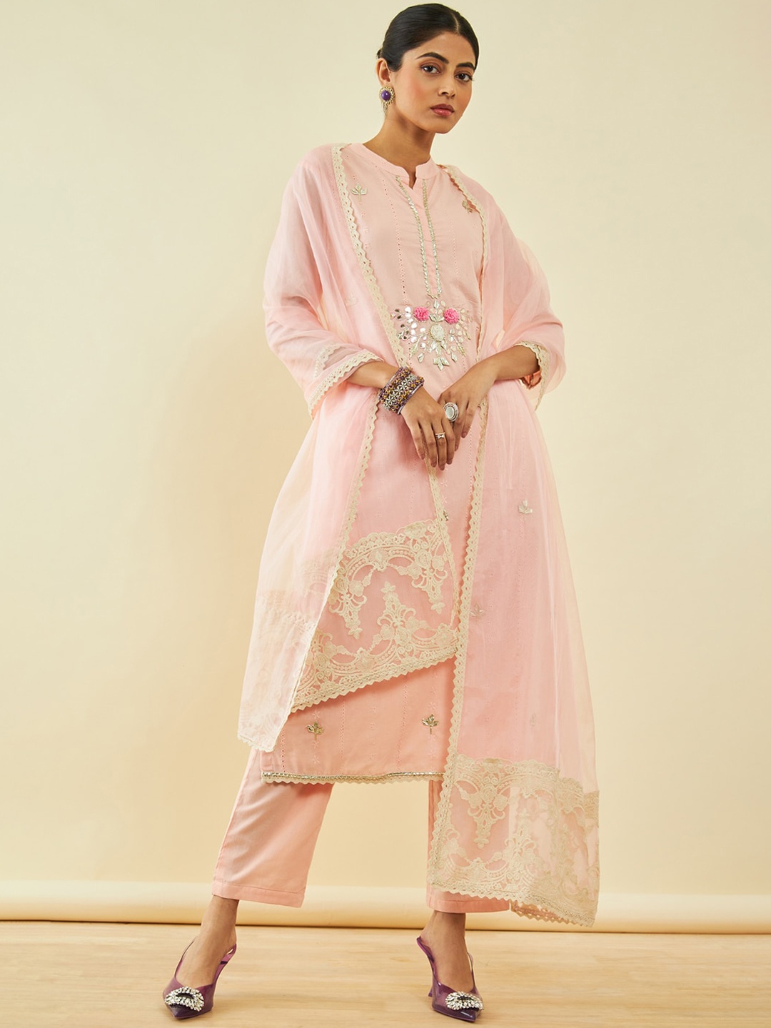 

Soch Ethnic Motifs Embroidered Thread Work Pure Cotton Kurta with Trousers & Dupatta, Peach