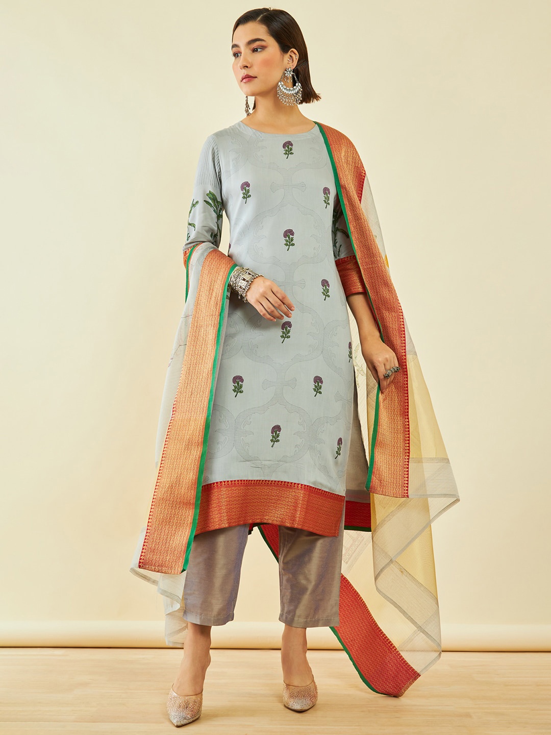 

Soch Floral Printed Kurta with Trousers & Dupatta, Grey