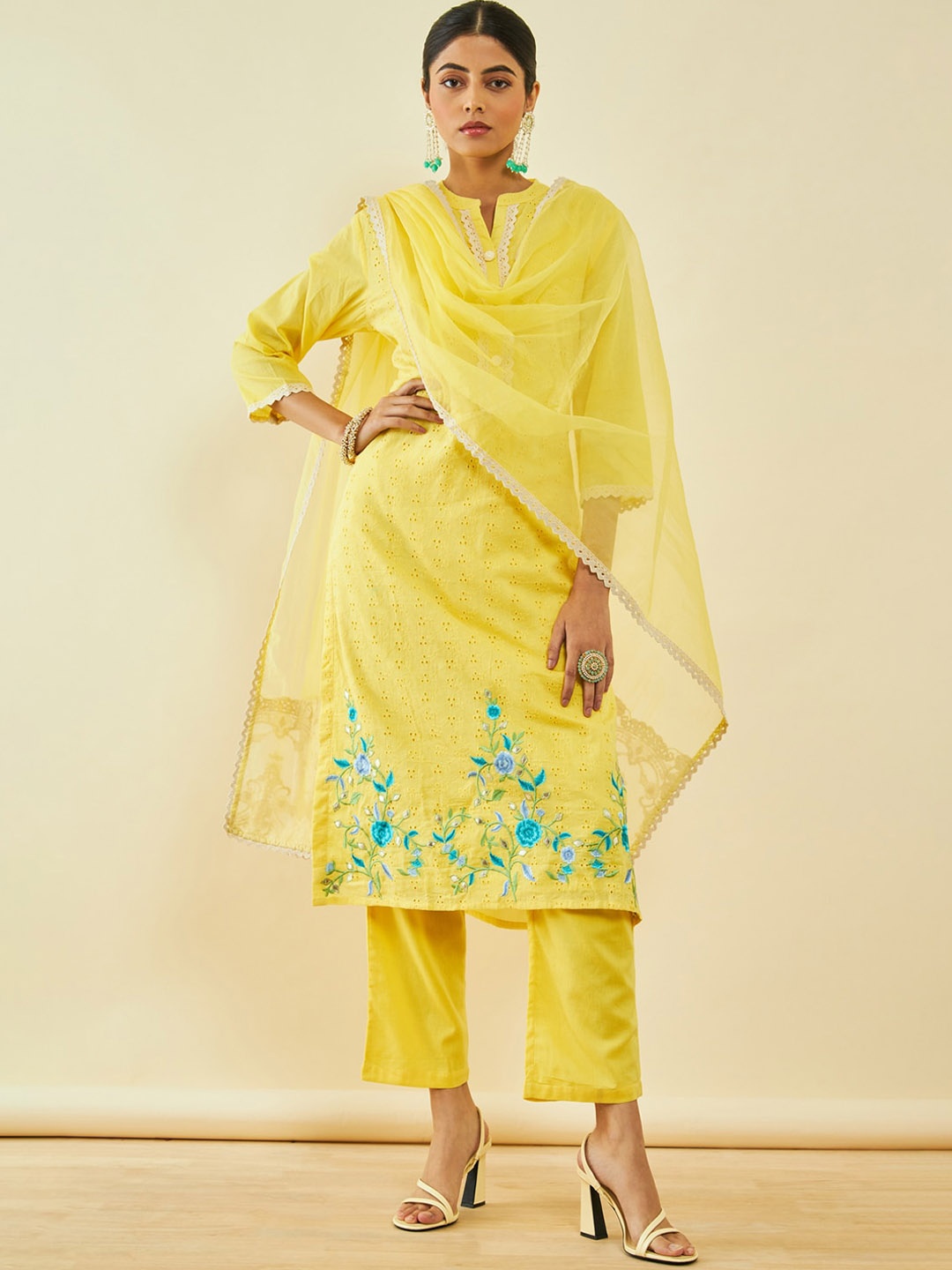 

Soch Floral Embroidered Gotta Patti Pure Cotton Kurta with Trousers & Dupatta, Yellow