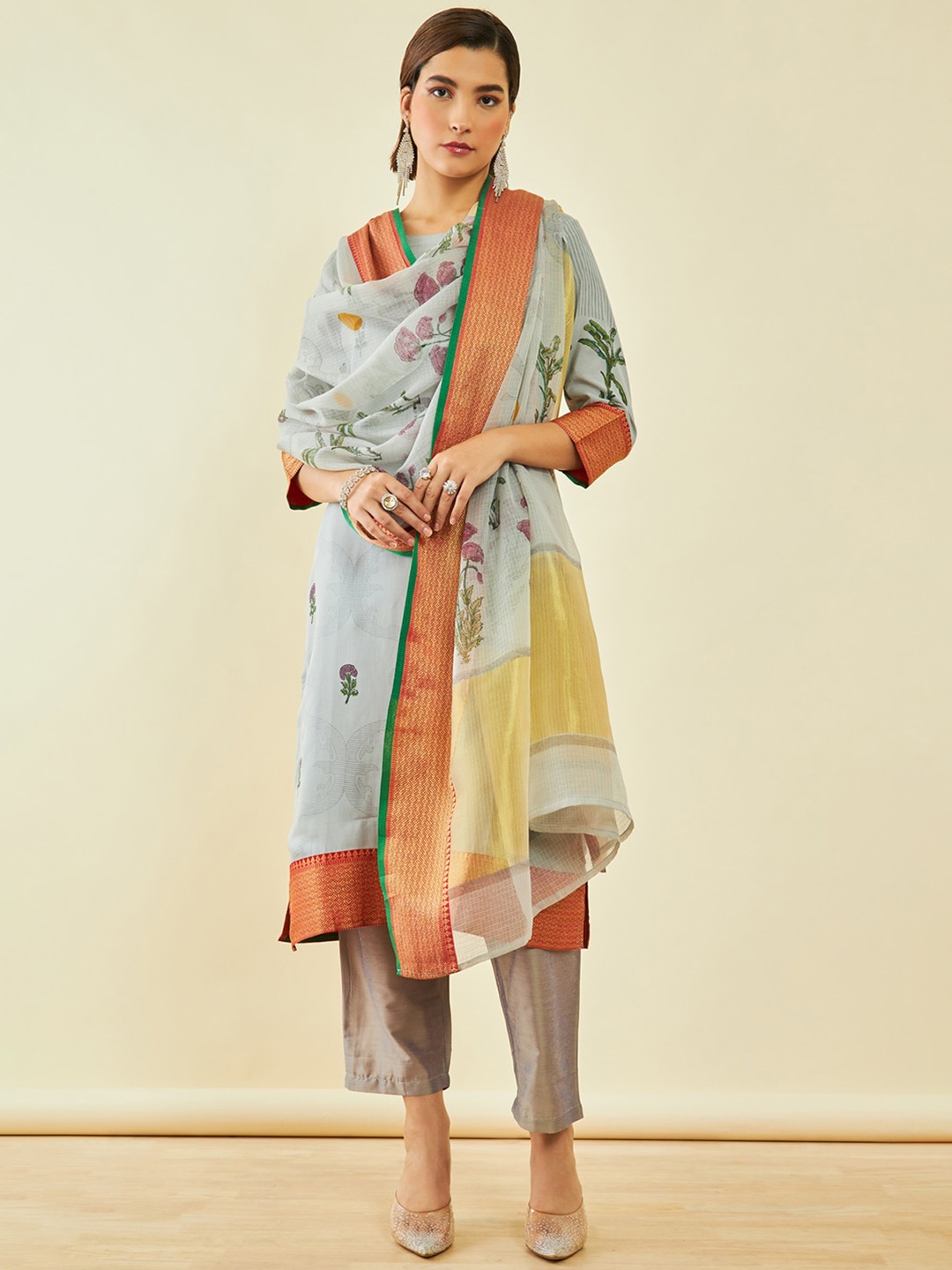 

Soch Floral Printed Kurta with Trousers & Dupatta, Grey