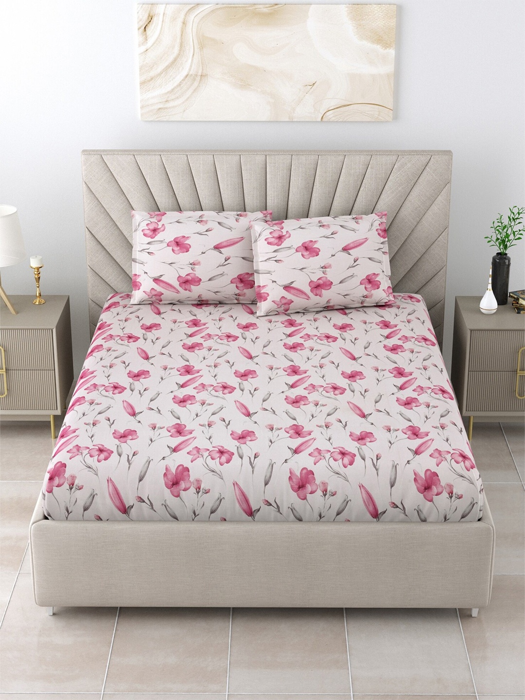 

Salona Bichona Beige & Pink Floral Cotton 120 TC King Bedsheet With 2 Pillow Covers