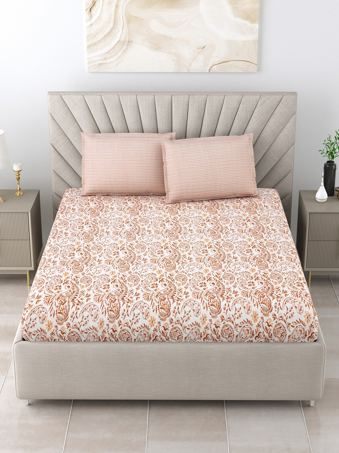 

Salona Bichona Cream Ethnic Motifs Cotton 120 TC King Bedsheet With 2 Pillow Covers