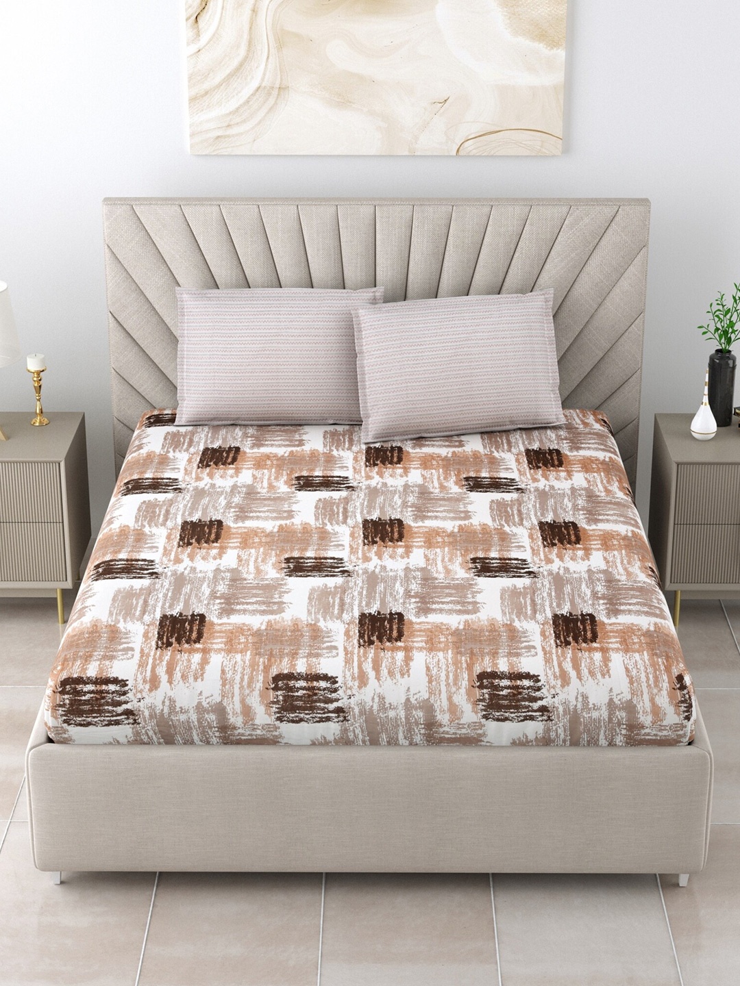 

Salona Bichona White & Brown Geometric Cotton 120 TC King Bedsheet With 2 Pillow Covers