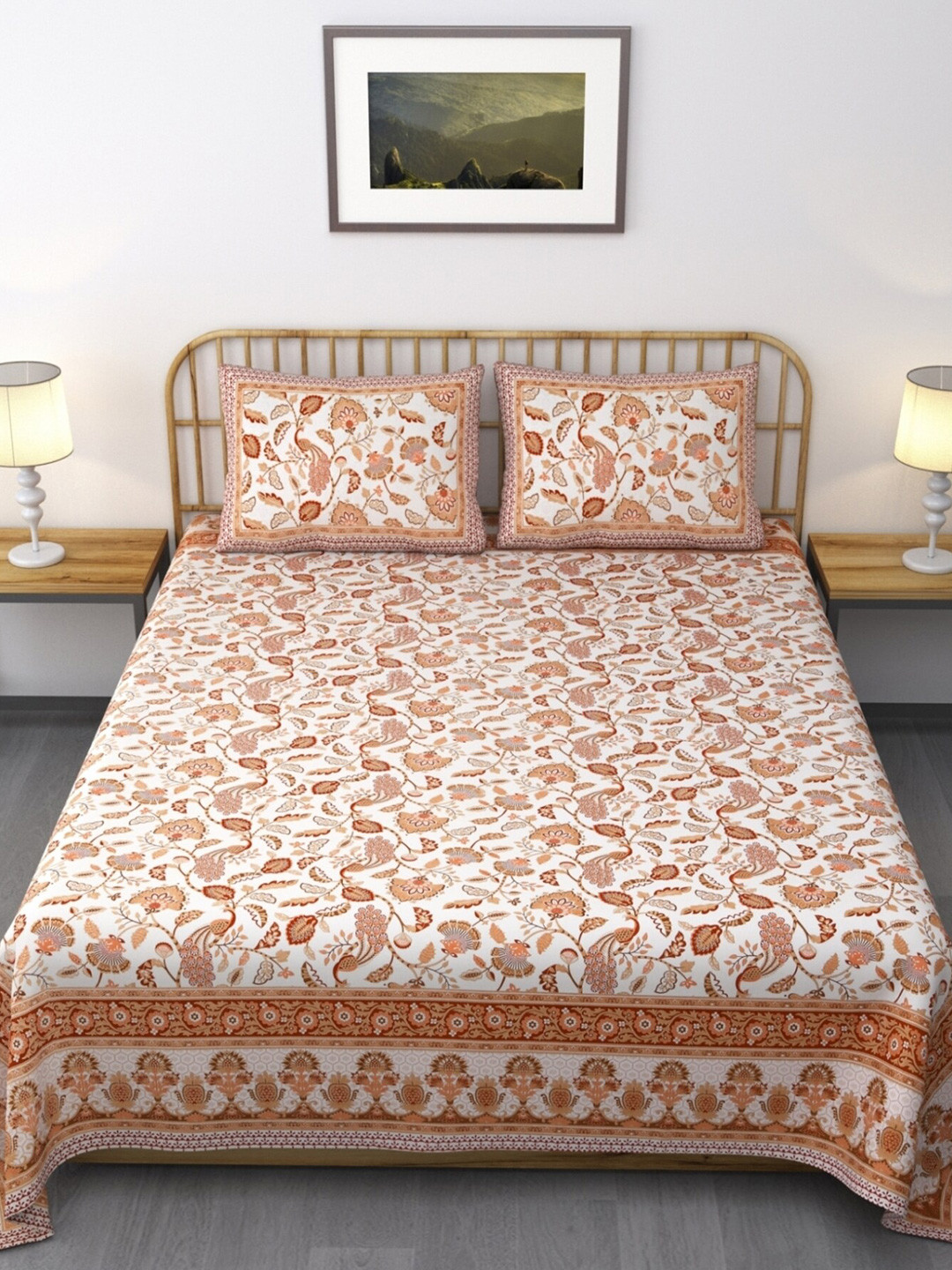 

Salona Bichona Beige & White Floral Cotton 120 TC King Bedsheet With 2 Pillow Covers