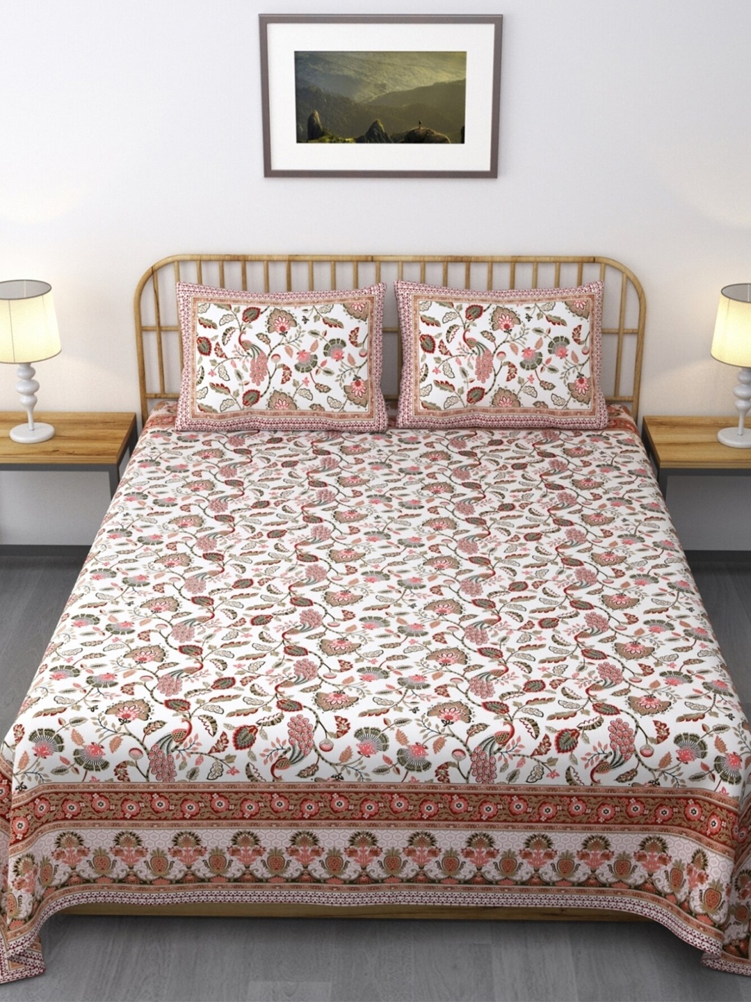 

Salona Bichona Peach & White Ethnic Motifs Cotton 120 TC King Bedsheet & 2 Pillow Covers